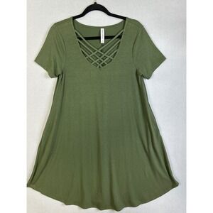 Zenana Premium Olive Green Lattice Neck Swing Tunic Dress Size Medium